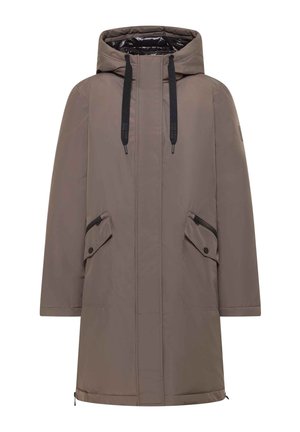 Šedá zateplená parka s kapucí, stahovací šňůrkou, kapsami na zip po stranách a rovným střihem. Má hladkou vnější texturu a minimalistický design.