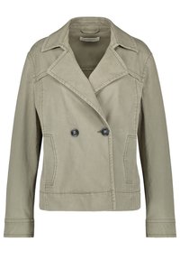 Khaki, dwurzędowa kurtka wykonana z bawełny. Posiada klapowy kołnierz, dwie przednie kieszenie oraz ciemne guziki. Gładka faktura z dopasowanym krojem.