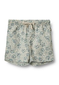 Shorts en coton à cordon de serrage avec un imprimé floral bleu sur fond beige, taille élastique et longueur mi-cuisse.