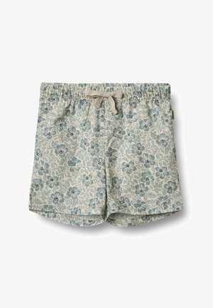 Bombe kratke hlače od pamuka sa plavim cvjetnim uzorkom na bež pozadini, elastičnom strukom i dužinom do sredine bedara.