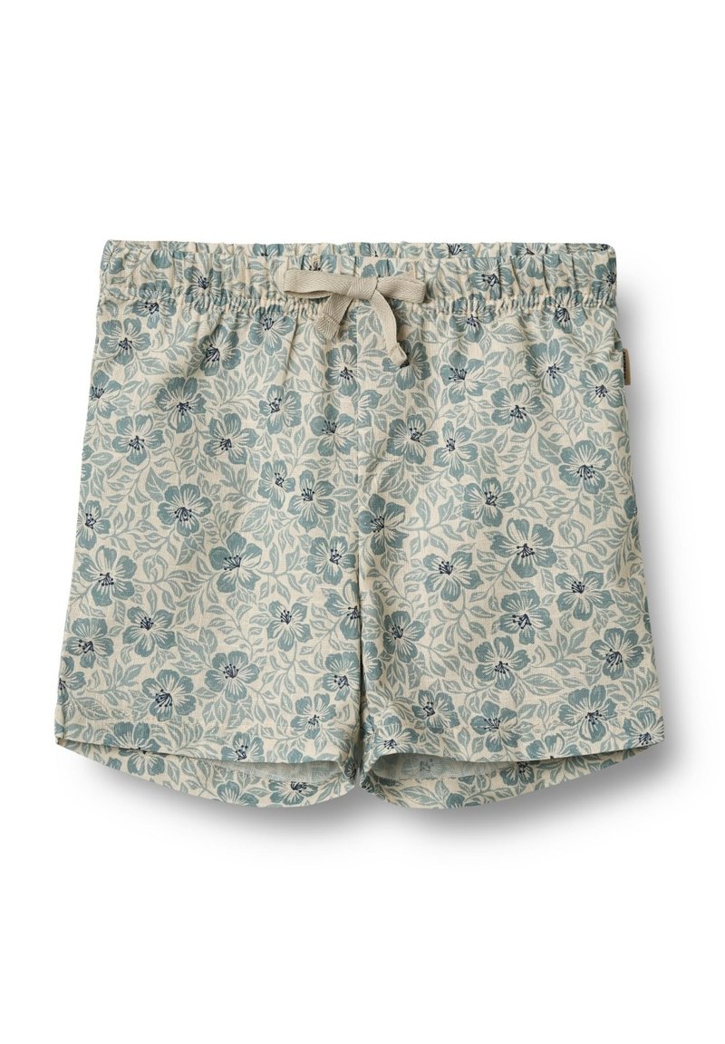 Shorts en coton à cordon de serrage avec un imprimé floral bleu sur fond beige, taille élastique et longueur mi-cuisse.