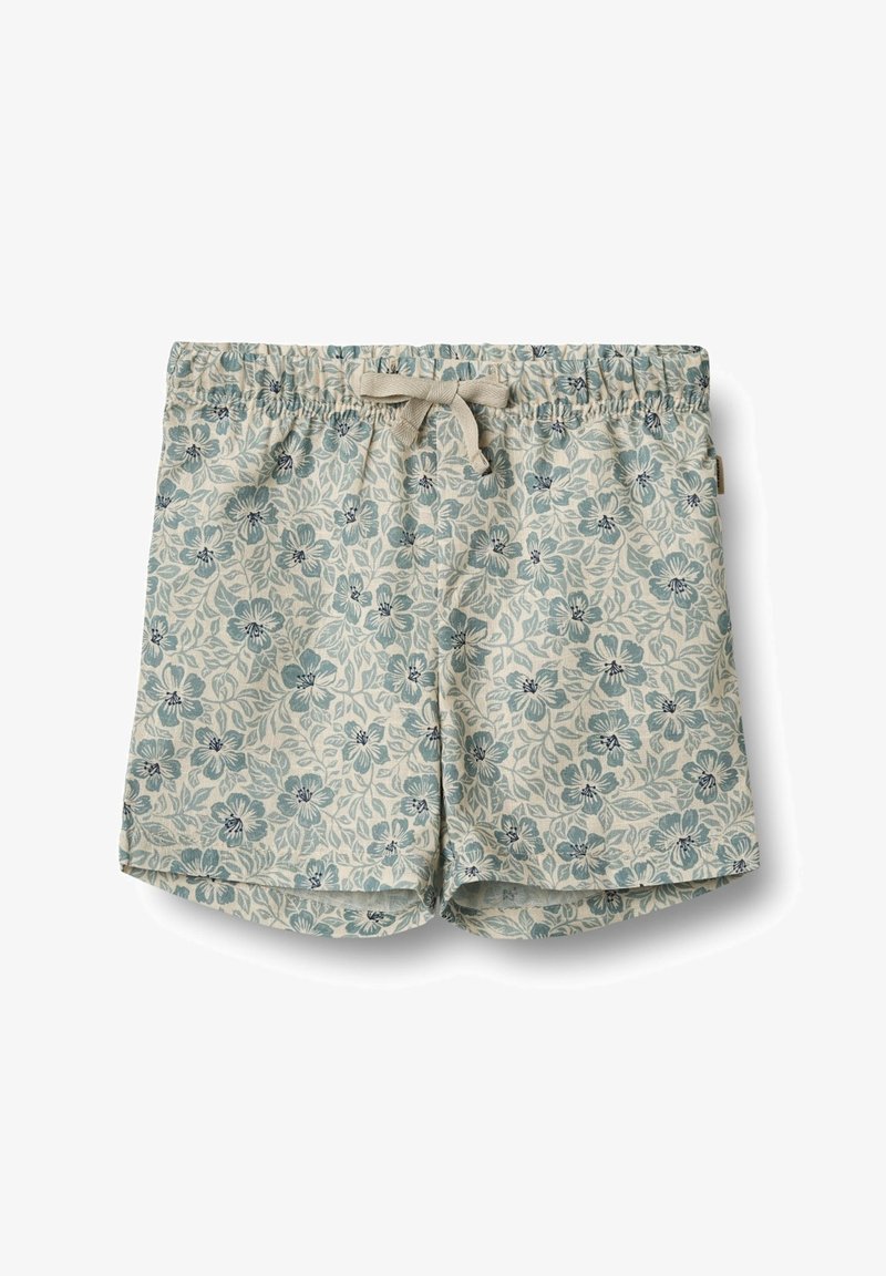 Bavlněné šortky s modrým květinovým potiskem na béžovém pozadí, se stahovací šňůrkou, elastickým pasem a délku ke středu stehna.