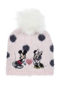 Pink fuzzy beanie with white pom-pom, featuring navy polka dots and embroidered Mickey and Minnie Mouse holding a heart. Soft texture.