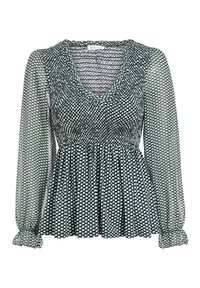 Blouse à motifs verts et noirs avec un col en V, un corsage froncé et de longues manches bouffantes transparentes avec des poignets élastiques.