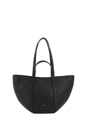 Schwarze Textil-Ledertasche mit zwei langen Griffen und einem kleinen goldenen "abrò"-Logo in der Mitte vorne.