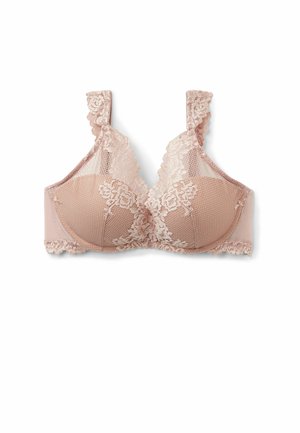 Soutien-gorge en dentelle et en maille rose doux, avec des bords festonnés, des bonnets moulés et des motifs floraux décoratifs sur le tissu et les bretelles.