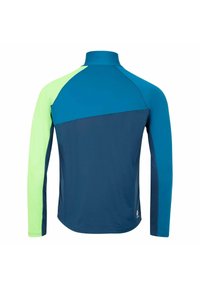 Langärmliges Hemd mit hohem Kragen. Verfügt über einen marineblauen Körper, Akzente in Grün und Türkis und eine glatte Stofftextur.