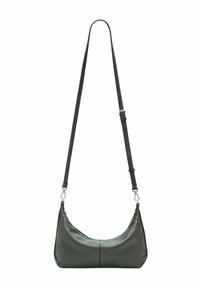 Borsa a spalla in pelle verde scuro con tracolla regolabile e fermagli in tonalità argento, texture liscia e dettagli di cucitura sottili.