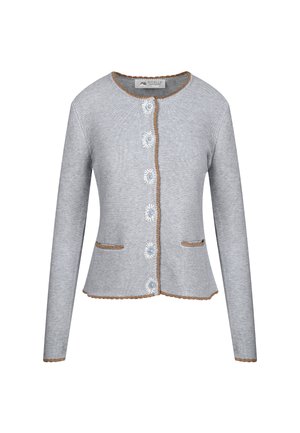 Grauer Strickcardigan mit langen Ärmeln, runder Halslinie, dekorativen Knopfverschlüssen und hellbraunen Akzenten. Mit zwei vorderen Taschen.