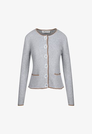 Gray knit cardigan with long sleeves, round neckline, decorative button closures, and light brown trim. Features two front pockets.