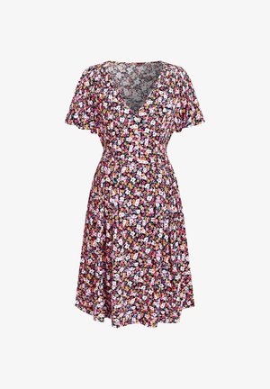 Vestito con stampa floreale, maniche corte svolazzanti, scollo a V, vita aderente e gonna fino al ginocchio. Presenta uno sfondo nero con fiori colorati.