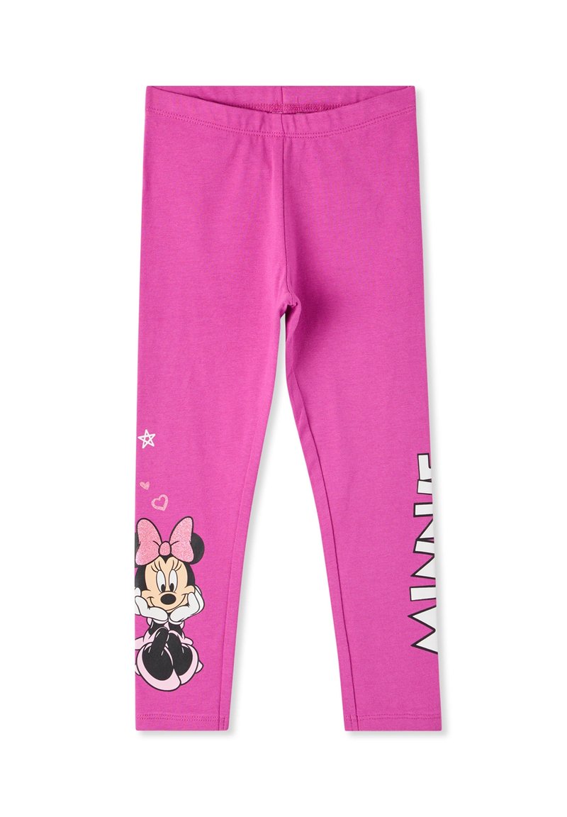 Różowe legginsy z grafiką postaci z kokardą, ozdobione akcentami gwiazdek i serc, z napisem "MINNIE" nadrukowanym pionowo.