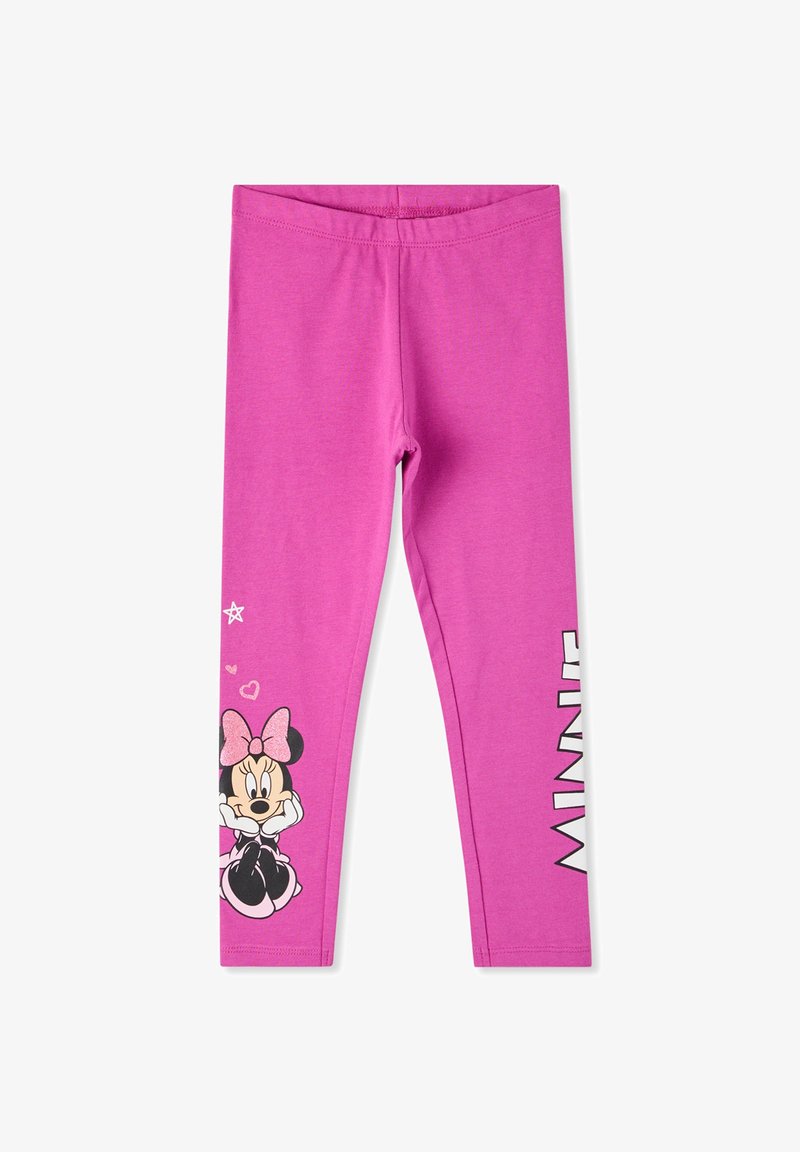 Różowe legginsy z grafiką postaci z kokardą, ozdobione akcentami gwiazdek i serc, z napisem "MINNIE" nadrukowanym pionowo.