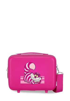 Bolso rígido de color rosa brillante con un gato rayado de dibujos animados sonriendo y acostado, que cuenta con una correa desmontable y un asa superior.