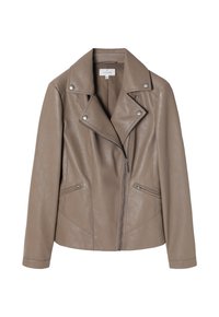 Brown faux leather motorcycle jacket with peaked lapels, zip closure, and two front zippered pockets. Features smooth texture and fitted design.