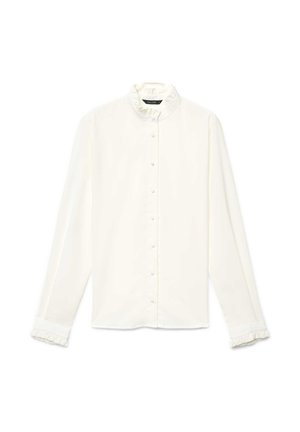 White long-sleeve blouse with a ruffled collar and cuffs, featuring a button-down front and smooth fabric. Simple design with subtle detail.