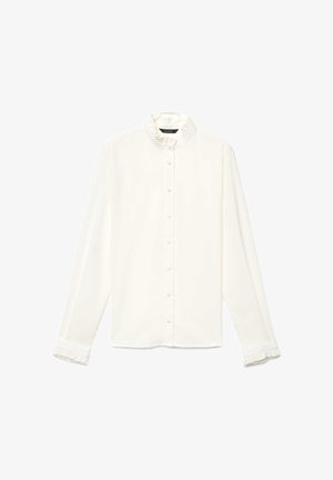 Weiße Langarmbluse mit gerafftem Kragen und Manschetten, ausgestattet mit Knopfleiste vorne und glattem Stoff. Schlichtes Design mit dezenten Details.