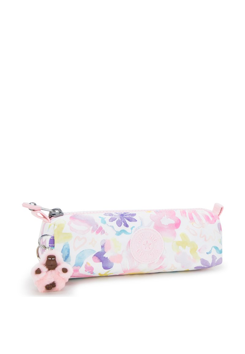 Beauty case con stampa floreale pastello e dettagli rosa, chiusura con zip, e un portachiavi con un charm di una scimmietta morbida. Realizzato in materiale resistente.