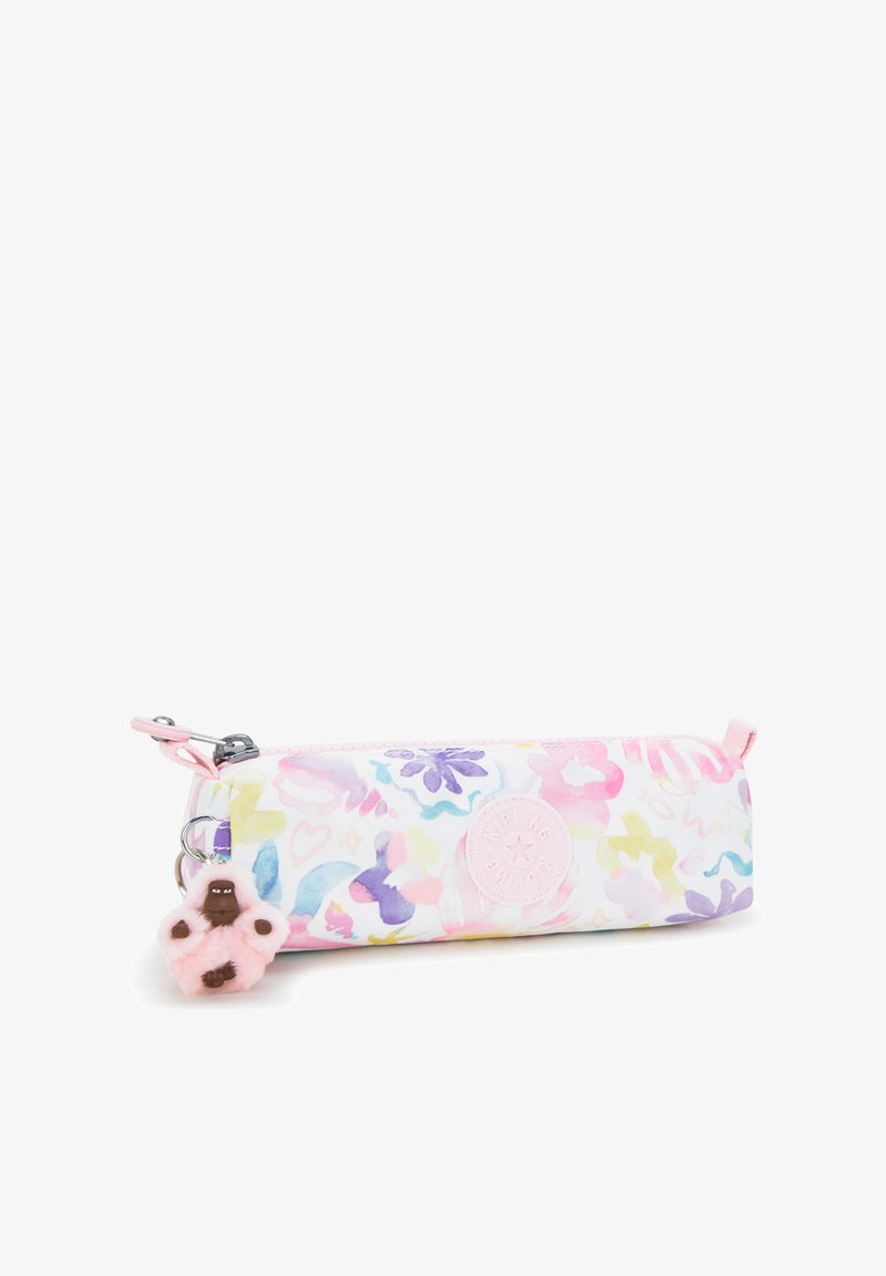 Kosmetisk väska i pastellblommönster med rosa detaljer, dragkedjestängning och en nyckelring med en fluffig apa som charm. Tillverkad av hållbart material.