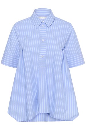 Light blue short-sleeve button-up shirt with white vertical stripes, wide sleeves, and a pointed collar.
