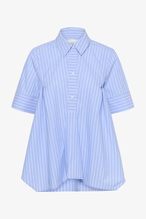 Light blue short-sleeve button-up shirt with white vertical stripes, wide sleeves, and a pointed collar.