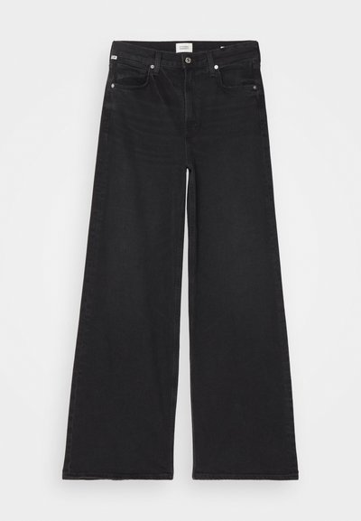 Svarte vidjeans laget av denim, med et klassisk fem-lommers design og knappelukking i midjen. Slett tekstur.