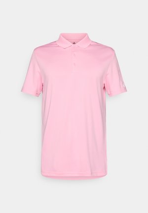 Růžová polo košile z hladké tkaniny, s límcem, zapínáním na tři knoflíky a krátkými rukávy s logem na levém rukávu.