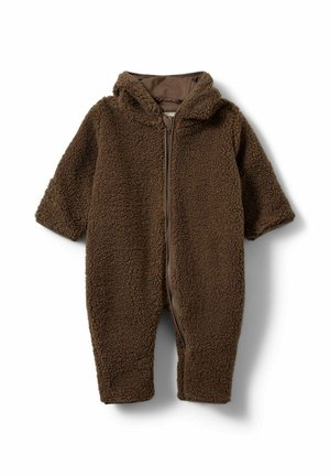Combinaison une pièce marron duveteuse pour bébé avec capuche et fermeture éclair devant, en tissu chaud et texturé.