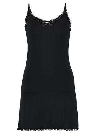 Czarna sukienka na ramiączkach z koronkowym wykończeniem przy dekolcie i u dołu. Posiada regulowane ramiączka i delikatny detal w postaci kokardy z przodu.