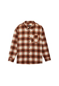 Bruin en wit geruite flanellen shirt met lange mouwen, een klassieke kraag, een borstzak en knoopsluitingen. Zachte textuur met een ontspannen pasvorm.