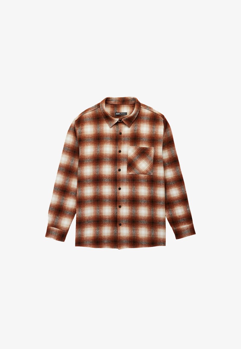 Bruin en wit geruite flanellen shirt met lange mouwen, een klassieke kraag, een borstzak en knoopsluitingen. Zachte textuur met een ontspannen pasvorm.