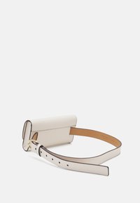 White leather belt bag with a structured design, tan interior, a smooth texture, adjustable strap, and gold-tone hardware accents.