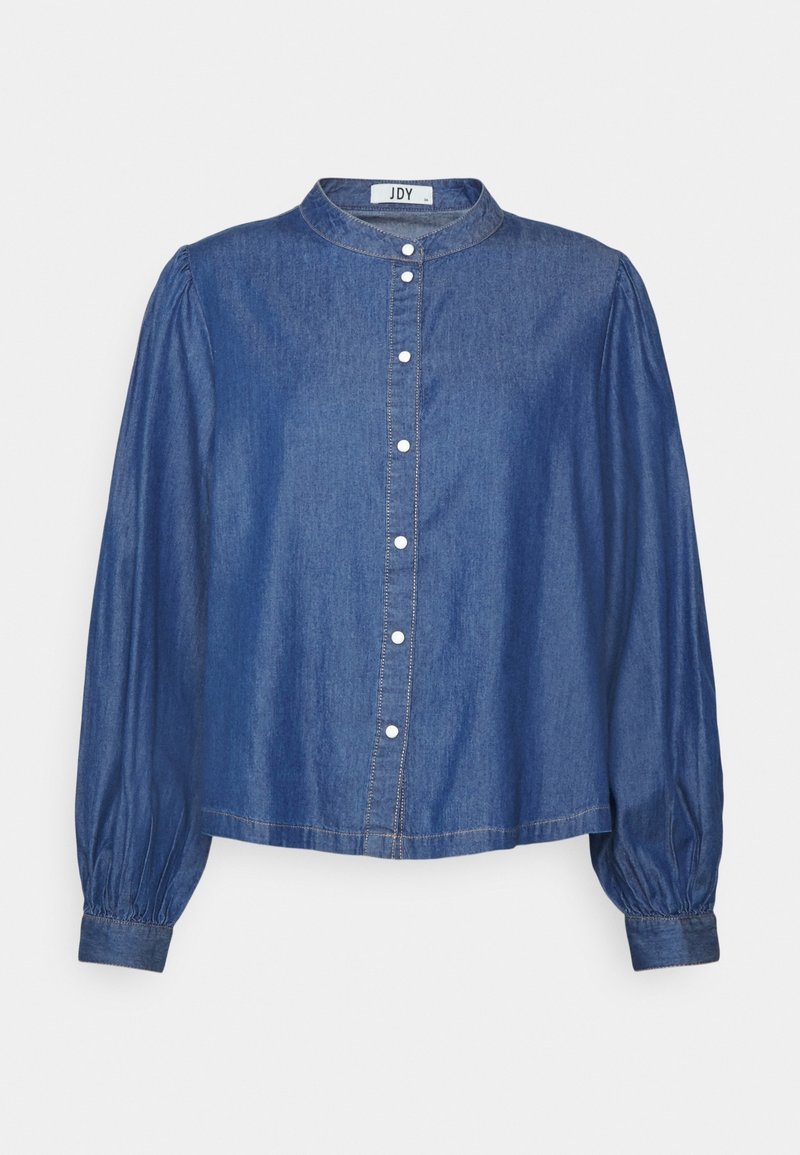 Camicia di denim con colletto, maniche lunghe a sbuffo e chiusura frontale con bottoni. Tessuto blu con dettagli di cucitura sottili e vestibilità rilassata.