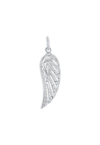 Silverfärgad vingpendant med intrikata detaljer, en slät, polerad yta och en delikat textur, utformad för att hänga.