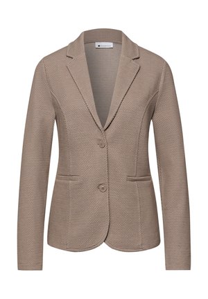 Blazer da donna in tonalità taupe con trama, revers a incavo, due bottoni e tasche a fessura, vestibilità sartoriale.