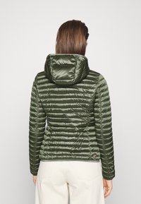 Olive green puffer jacket with a hood, featuring a quilted design, glossy finish, and adjustable drawstrings at the neckline and hem.