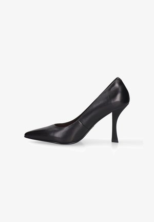 Escarpin noir en cuir avec un bout pointu et une silhouette élégante. Doté d'un talon aiguille effilé et d'une texture lisse.