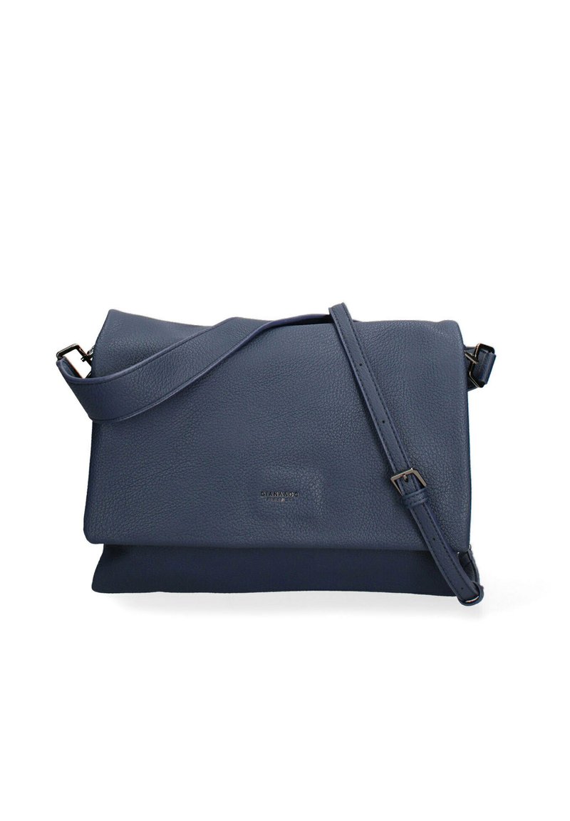 Borsa a tracolla blu in pelle con superficie testurizzata, design a pieghe, tracolla regolabile e branding sottile sul davanti.