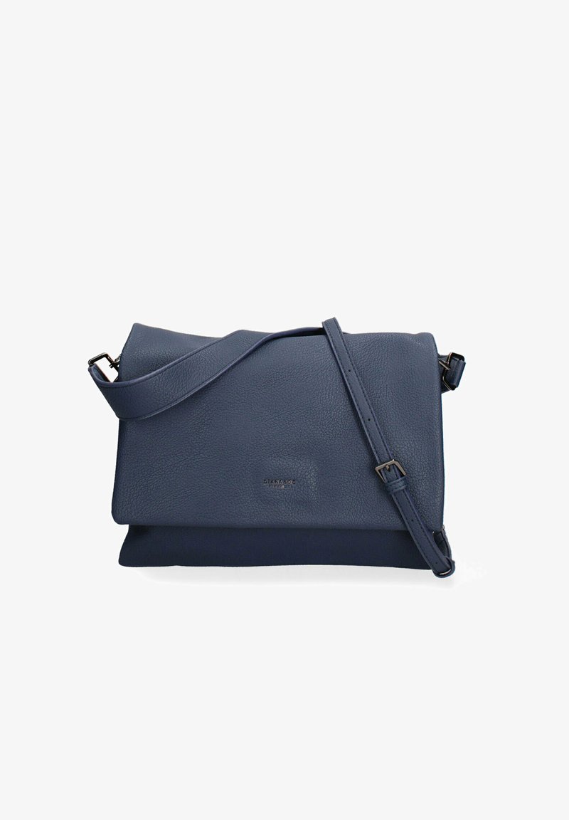 Borsa a tracolla blu in pelle con superficie testurizzata, design a pieghe, tracolla regolabile e branding sottile sul davanti.