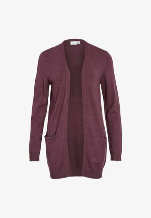 Langärmlige, offene Strickjacke aus dunkelburgunderfarbenem Material, mit zwei vorderen Taschen und gerippten Bündchen für eine entspannte Passform.