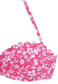 Haut de bikini rose avec un motif floral blanc, doté d'un bord volanté et d'une bretelle ajustable. Fabriqué en tissu extensible et lisse.