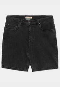 Zwarte denim短的，直筒设计，带有按钮闭合，五个口袋，以及面料上的细微磨损效果.