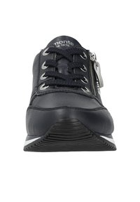 Marineblaue Ledersneaker mit schwarzen Schnürsenkeln, silbernem Reißverschluss und strukturiertem Gummisohle. Verfügt über Stitching-Details und ein flaches Design.