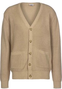 Beige stickad cardigan med V-ringning, knäppning fram, två sidofickor och ribbade ärmslut och nederkant. Texturerat tyg.