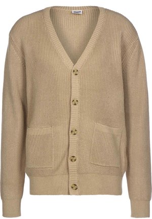 Cardigan lavorato a maglia beige con scollatura a V, chiusura frontale con bottoni, due tasche laterali e polsini e orlo a coste. Tessuto testurizzato.
