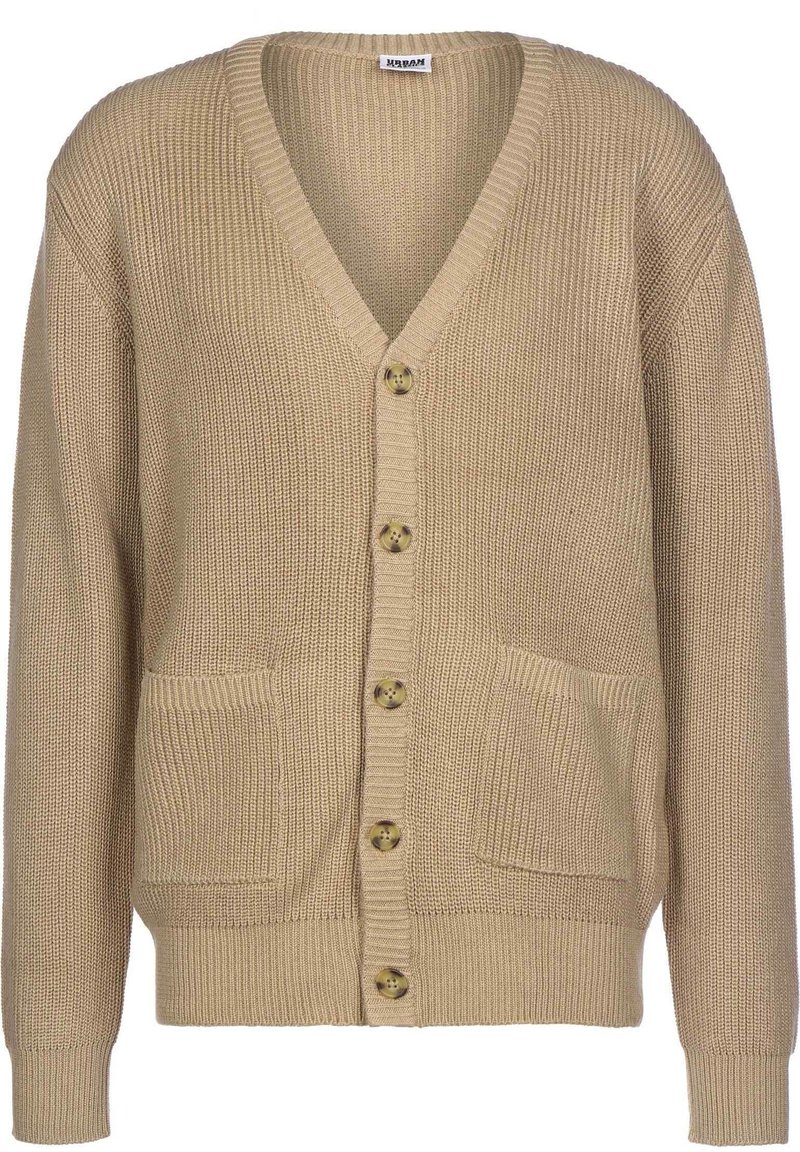 Beige stickad cardigan med V-ringning, knäppning fram, två sidofickor och ribbade ärmslut och nederkant. Texturerat tyg.