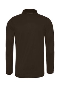 Dunkelbraunes Langarm-Polohemd mit einem Kragen, von hinten gezeigt, mit einem kleinen "Karl Lagerfeld"-Logo in der Nähe des Halses.