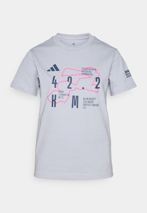 Light grey cotton t-shirt featuring geometric designs in pink and navy, including text, with a crew neckline and short sleeves.