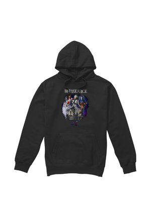 Black hoodie with colorful Beetlejuice characters and gothic house graphic centered on front.