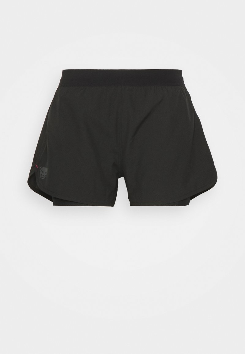 Shorts de sport noirs avec une taille élastique et un petit logo sur le côté de la jambe gauche sur un fond uni.